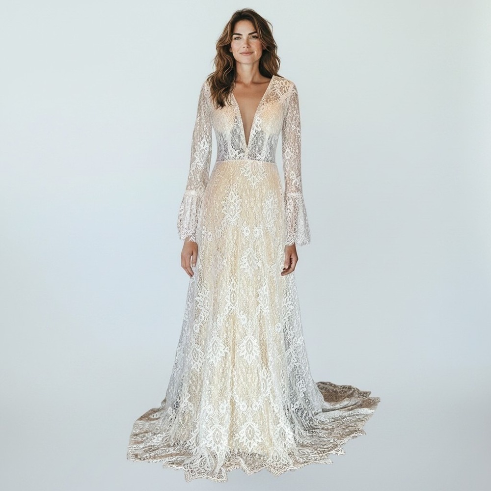 Ivory Lace Boho Wedding Dress Long Bell Sleeve Pearl Trim Keyhole Back Size 4